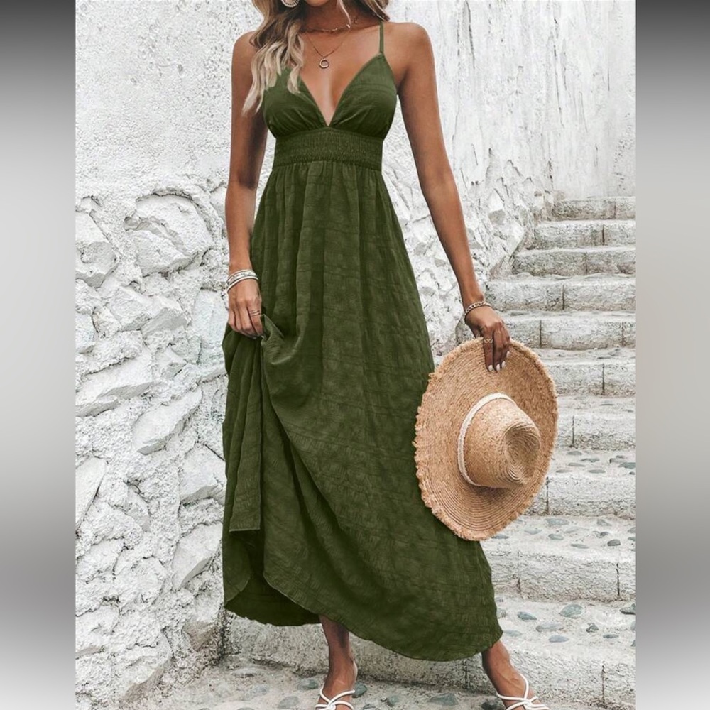 Boho army green crisscross open back cami maxi dress